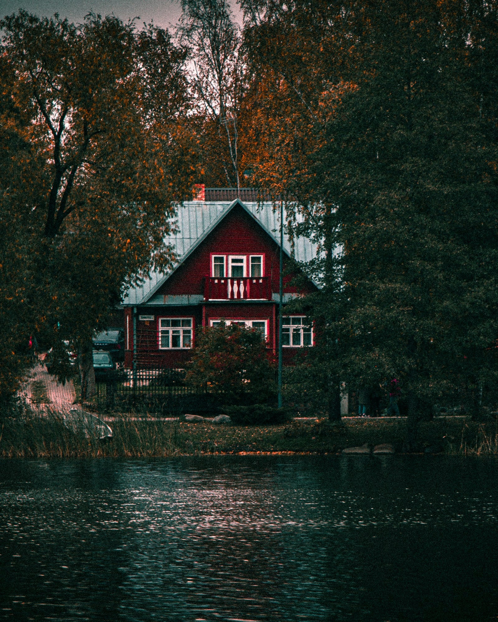 A cabin among trees on the water